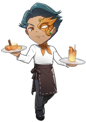 Chibi Style Waiter Serving Drinks Wallpaper