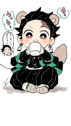 Chibi_ Tanjiro_ Drinking_ Tea Wallpaper