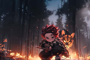 Chibi_ Tanjiro_ Forest_ Fire Wallpaper