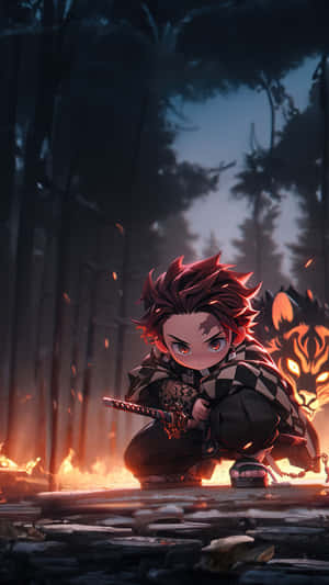 Chibi_ Tanjiro_in_ Flames Wallpaper