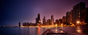 Chicago City Night By The Waterfront Wallpaper