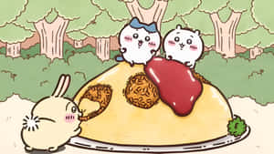 Chiikawa Characters Enjoy Omurice Wallpaper