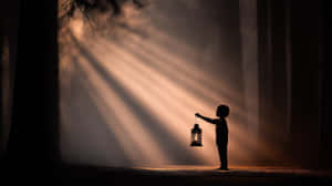 Child's Silhouette With Lantern In Beams Of Forest Light Wallpaper