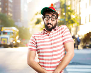 Childish Gawky Man In Pink Stripes Wallpaper