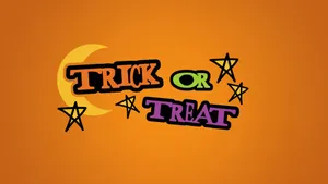 Children In Halloween Costumes Celebrating Trick Or Treat Under Shimmering Orange Stars Wallpaper