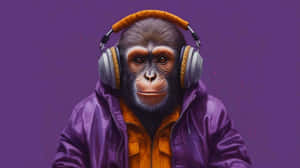 Chimpanzeein Purple Hoodiewith Headphones Wallpaper