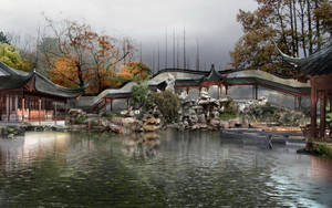 Chinese House With Walkway Wallpaper