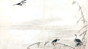 Chinese Watercolor Birds Scene Wallpaper