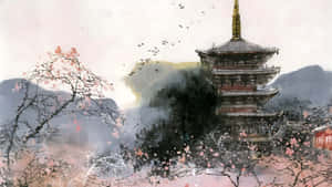 Chinese Watercolor Pagoda Scene Wallpaper