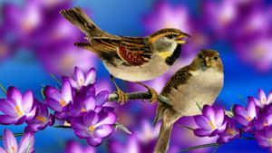 Chirping Birds Perched On A Branch In Spring Wallpaper