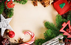 Christmas Background With A Frame And Decorations Wallpaper
