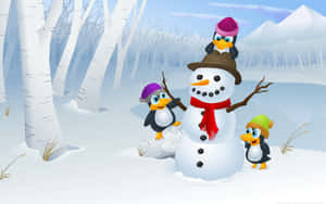 Christmas Cartoon Little Penguins Wallpaper