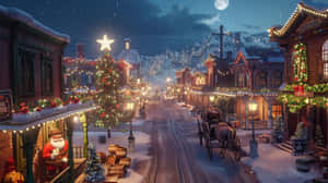 Christmas Eve Snowy Town Scene Wallpaper