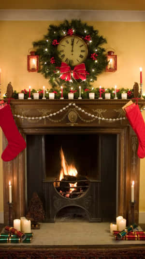 Christmas Fireplace Decoration With Stockings.jpg Wallpaper