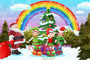 Christmas Rainbow Santa Elves Festive Scene Wallpaper