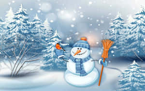 Christmas Snowman Bird Sitting Wallpaper