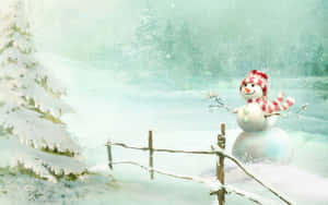 Christmas Snowman Trees Covered In Snow Wallpaper