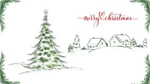 Christmas_ Tree_and_ Snowy_ Village_ Artwork Wallpaper
