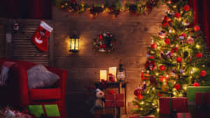 Christmas Tree In A Room With Red Chairs And Presents Wallpaper