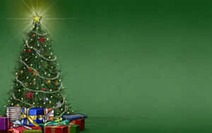 Christmas Tree With Presents On Green Background Wallpaper