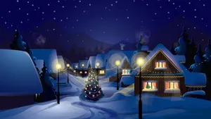 Christmas Village At Night With Christmas Tree And Lights Wallpaper