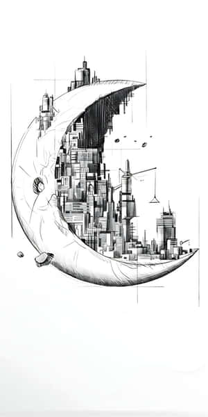 Cityscape On Crescent Moon Wallpaper