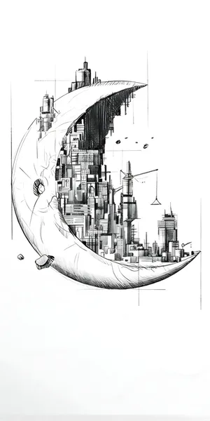 Cityscape On Crescent Moon Wallpaper