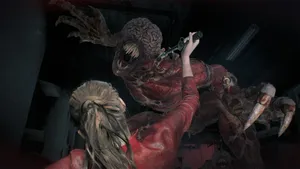 Claire Redfield Battles Licker In Capcom's Resident Evil 2 Remake Wallpaper