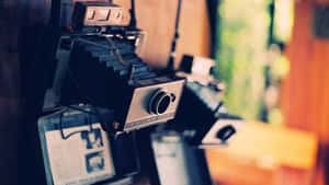 Classic Vintage Polaroid Camera On A Wooden Table. Wallpaper