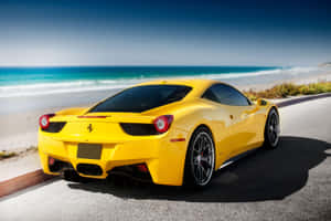 Classic Yellow Car Parked On A Scenic Road Wallpaper