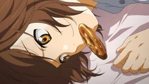 Close Up Anime Girl Eating Pretzel Wallpaper