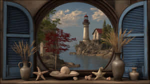 Coastal Vista Through Arched Window With Decorative Elements Wallpaper