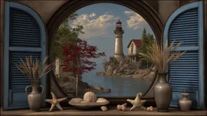 Coastal Vista Through Arched Window With Decorative Elements Wallpaper