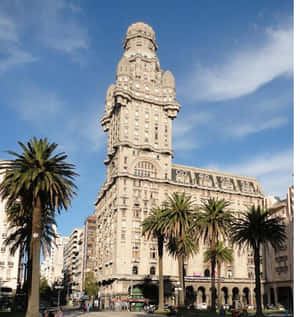 Coconut Trees In Front Of Palacio Salvo Wallpaper