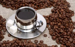 Coffee Cupand Beanson Burlap Wallpaper