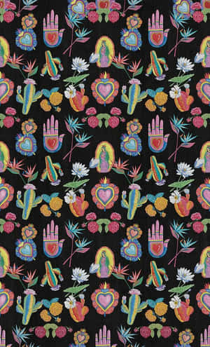 Colorful Mexican Folk Art Pattern Wallpaper