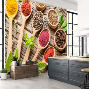 Colorful Spicesin Wooden Spoons Kitchen Decor Wallpaper