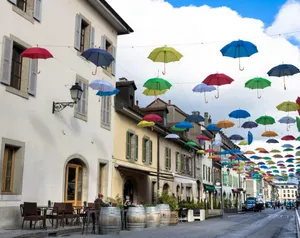 Colorful Umbrellas Street Carouge Wallpaper