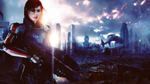 Commander Femshep In Epic Pose Amidst Galactic Backdrop Wallpaper