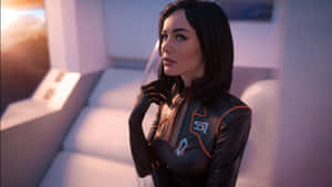 Commander Miranda Lawson Posing On A Futuristic Background Wallpaper