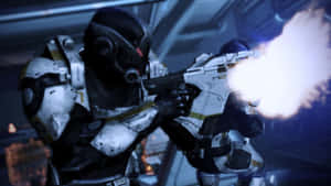 Commander Shepard Facing Off Against Cerberus Forces In Mass Effect 3 Wallpaper