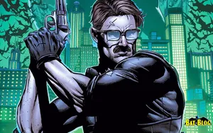 Commissioner Gordon Standing Against A Moody Gotham Skyline. Wallpaper