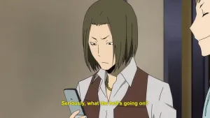 Confused Anime Characterwith Phone Wallpaper