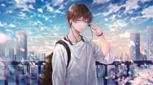 Contemplative Anime Boy Cityscape Wallpaper