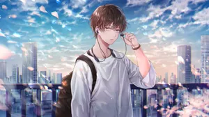 Contemplative Anime Boy Cityscape Wallpaper