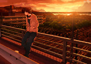 Contemplative Anime Boy Sunset Wallpaper