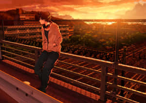 Contemplative Anime Character Sunset Wallpaper