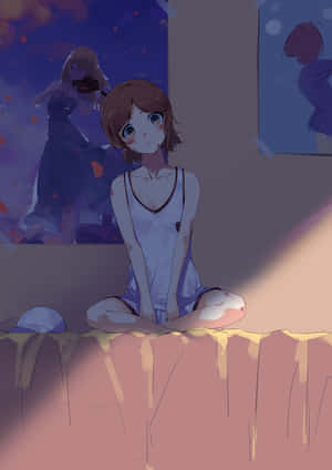 Contemplative Anime Girl Night Scene Wallpaper