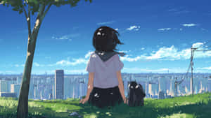 Contemplative Anime Girl Overlooking Cityscape Wallpaper