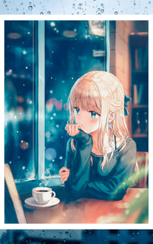 Contemplative Anime Girl Rainy Cafe Wallpaper